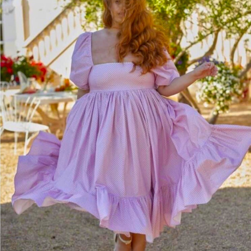 SOLD 🎀Selkie L Pink Ice Cream Gingham Cotton French Puff Midi Dress EUC🎀